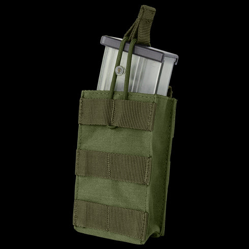 The Condor Single G36 Open-Top Mag Pouch in Olive Drab holds a metal magazine, features front MOLLE webbing, and is secured with a strap.